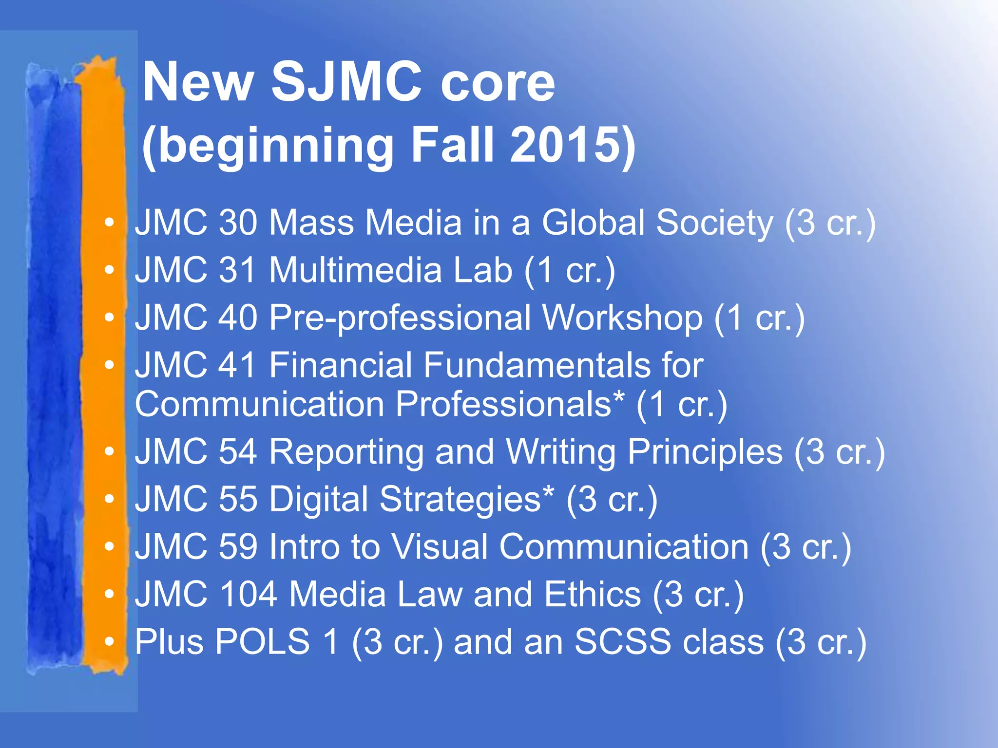 New SJMC core 
(beginning Fall 2015) 
• JMC 30 Mass Media in a Global Society (3 cr.) 
• JMC 31 Multimedia Lab (1 cr.) 
• JMC 40 Pre-professional Workshop (1 cr.) 
• JMC 41 Financial Fundamentals for 
Communication Professionals* (1 cr.) 
• JMC 54 Reporting and Writing Principles (3 cr.) 
• JMC 55 Digital Strategies* (3 cr.) 
• JMC 59 Intro to Visual Communication (3 cr.) 
• JMC 104 Media Law and Ethics (3 cr.) 
• Plus POLS 1 (3 cr.) and an SCSS class (3 cr.) 
 