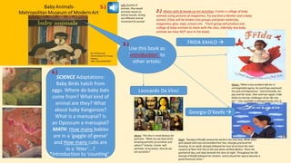 2.) Motor skills & Hands-on Art Activities: Create a collage of baby
animals using pictures of magazines. Try and find a Mother and a baby
animal. (Class will be broken into groups and given materials,
magazines, glue, tape, scissors etc. *Each group will produce one
collage of baby animals to share with the class. (Identify new baby
animals we have NOT seen in the book)
SCIENCE Adaptations:
Baby Birds hatch from
eggs. Where do baby bats
come from? What kind of
animal are they? What
about baby Kangaroos?
What is a marsupial? Is
an Opossum a marsupial?
MATH: How many babies
are in a ‘gaggle of geese’
and How many cubs are
in a ‘litter’…?
Use this book as
‘introduction’ to
other artists:
FRIDA KAHLO 
Above: “When a bus accident left her in
unimaginable agony, her paintings expressed
her pain and depression - and eventually, her
joys and her loves. Over and over again, Frida
Kahlo turned the challenges of her life into
art.” –also available in bilingual books (ELL’s)
Leonardo Da Vinci
Above: *Da Vinci is most famous for
portraits. “What can we learn from
drawing portraits of ourselves and
others?” Activity: Create ‘self-
portraits’ of ourselves. How do we
see ourselves?
4.)
3.)
Georgia O’Keefe 
Right: “Georgia O'Keeffe viewed the world in her own way. While other
girls played with toys and braided their hair, Georgia practiced her
drawing. As an adult, Georgia followed her love of art from the steel
canyons of New York City to the vast plains of New Mexico. There she
painted all day, and slept beneath the stars at night. Throughout her life
Georgia O'Keeffe followed her dreams--and so found her way to become a
great American artist.”
5.) Left: Sounds of
animals..Play based
activities based on
animal sounds. Acting
out different animal
movement & sounds!
*Introduction to ‘counting’
 