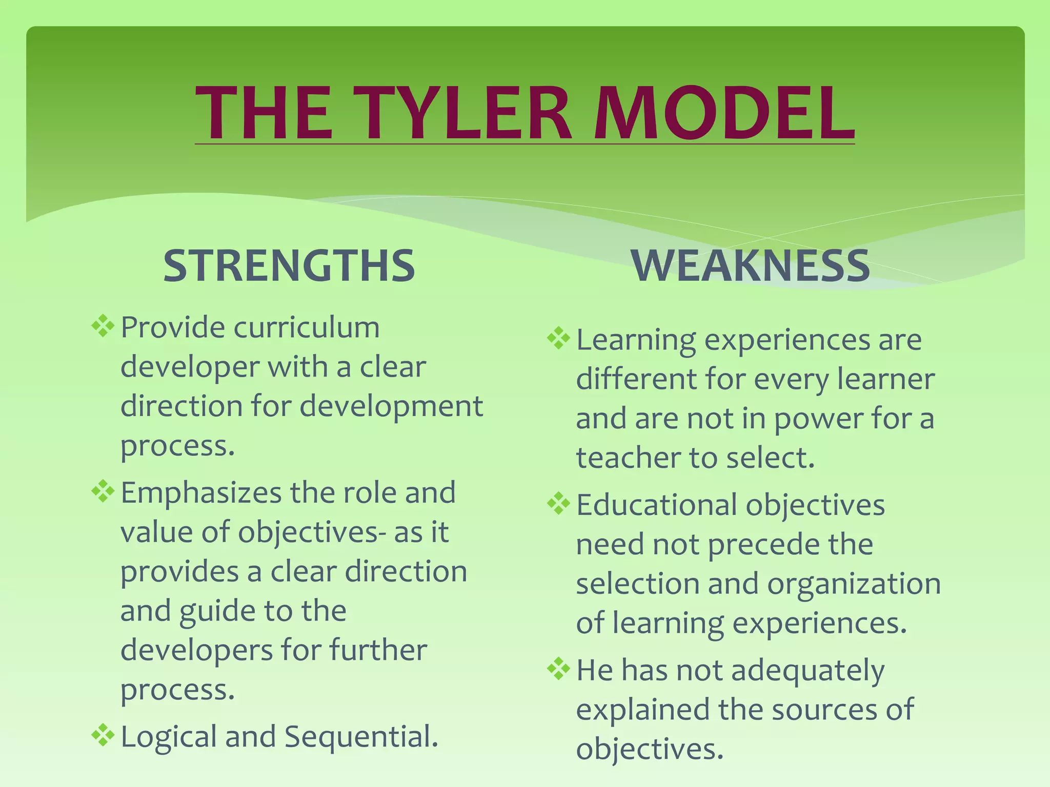 THE TYLER MODEL
STRENGTHS
Provide curriculum
developer with a clear
direction for development
process.
Emphasizes the role and
value of objectives- as it
provides a clear direction
and guide to the
developers for further
process.
Logical and Sequential.
WEAKNESS
Learning experiences are
different for every learner
and are not in power for a
teacher to select.
Educational objectives
need not precede the
selection and organization
of learning experiences.
He has not adequately
explained the sources of
objectives.
 