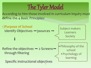 The Tyler Model
According to him those involved in curriculum inquiry must
define the 4 Basic Principles:
1)Purpose of School
Identify Objectives ➡3sources ➡
⬇
Refine the objectives ➡ 2 Screens➡
through filtering
Specific instructional objectives16
Subject makers
Learners
Society
•Philosophy of the
school
•Psychology of
learning
 