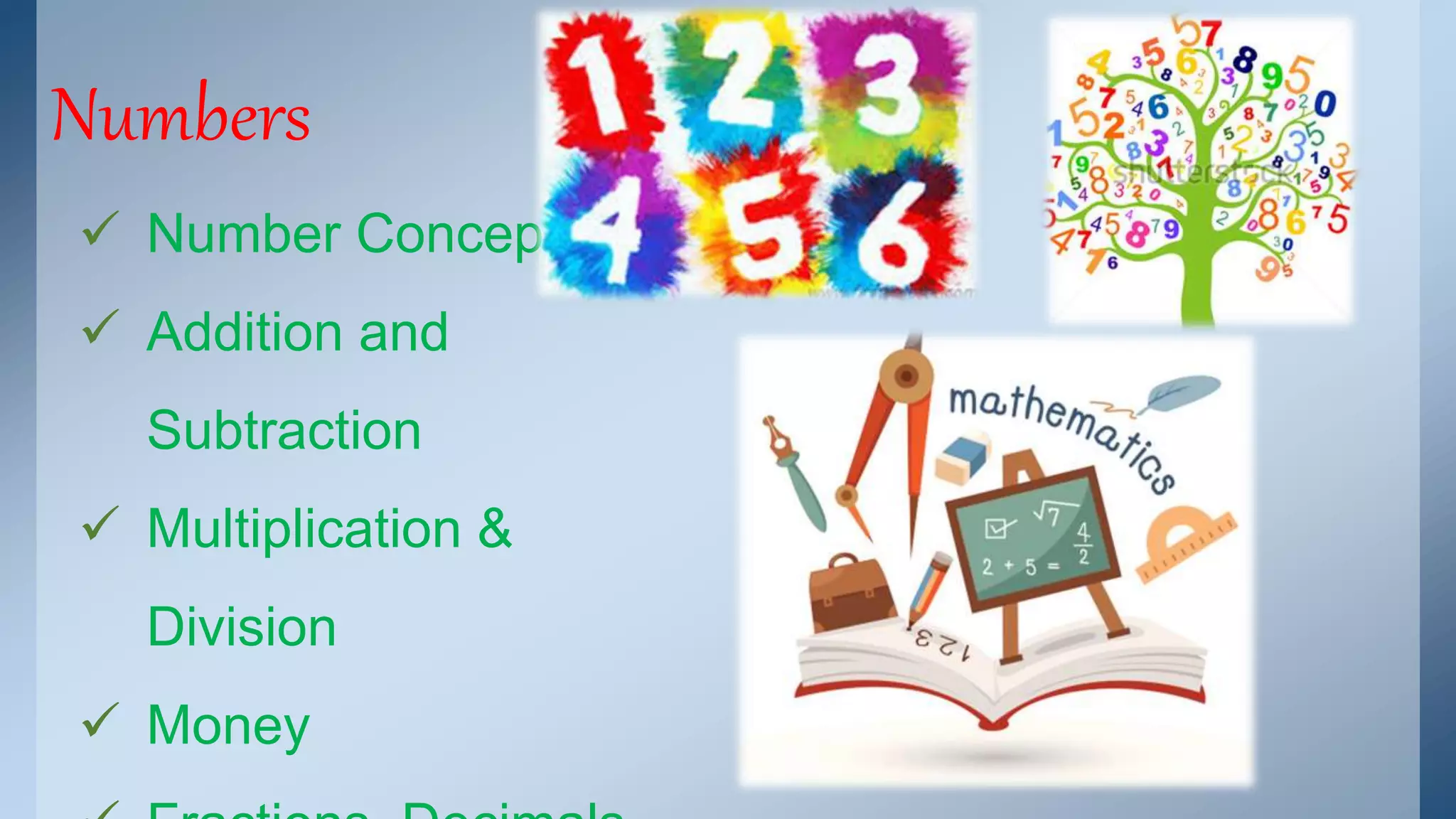 Numbers 
 Number Concept 
 Addition and 
Subtraction 
 Multiplication & 
Division 
 Money 
 Fractions, Decimals 
 