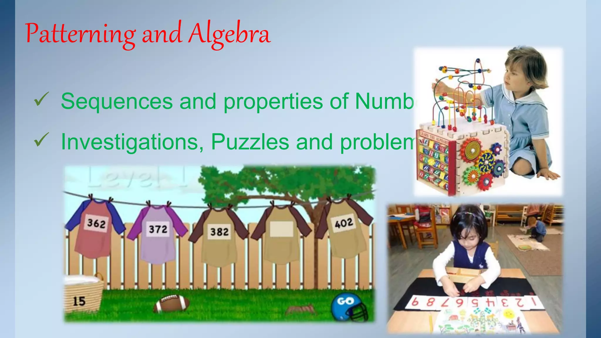 Patterning and Algebra 
 Sequences and properties of Numbers 
 Investigations, Puzzles and problems. 
 