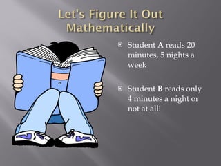 Student  A  reads 20 minutes, 5 nights a week Student  B  reads only 4 minutes a night or not at all! 