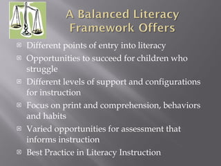 Different points of entry into literacy Opportunities to succeed for children who struggle Different levels of support and configurations for instruction Focus on print and comprehension, behaviors and habits Varied opportunities for assessment that informs instruction Best Practice in Literacy Instruction 