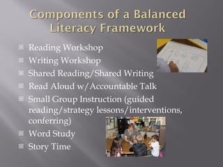 Reading Workshop Writing Workshop Shared Reading/Shared Writing Read Aloud w/Accountable Talk Small Group Instruction (guided reading/strategy lessons/interventions, conferring) Word Study Story Time 