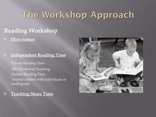 Reading Workshop Mini-lesson Independent Reading Time Private Reading Time Mid Workshop Teaching Partner Reading Time Teacher confers with individuals or  small group Teaching Share Time 