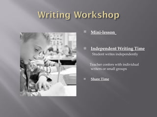 Mini-lesson   Independent Writing Time Student writes independently Teacher confers with individual writers or small groups Share Time 