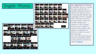 Our Approach to Phonics
At Mayfield, phonics is taught
through Visual Phonics: a
specially adapted version of
‘Letters and Sounds’ which
incorporates BSL (British Sign
Language). Phonics is taught
daily in Reception and KS1
through songs, stories and
activities indoors and
outdoors. In KS2, special
provisions are in place to
support those children who
require consolidation of
phonics in order to access
their learning.
For more information about
phonics at Mayfield, please
visit the phonics area of our
website: Phonics
English -Phonics
 