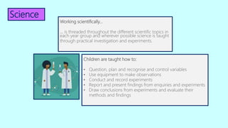 Working scientifically…
… is threaded throughout the different scientific topics in
each year group and wherever possible science is taught
through practical investigation and experiments.
Children are taught how to:
• Question, plan and recognise and control variables
• Use equipment to make observations
• Conduct and record experiments
• Report and present findings from enquiries and experiments
• Draw conclusions from experiments and evaluate their
methods and findings
Science
 