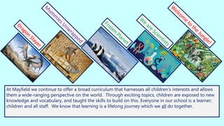 At Mayfield we continue to offer a broad curriculum that harnesses all children’s interests and allows
them a wide-ranging perspective on the world. Through exciting topics, children are exposed to new
knowledge and vocabulary, and taught the skills to build on this. Everyone in our school is a learner;
children and all staff. We know that learning is a lifelong journey which we all do together.
Toys
 