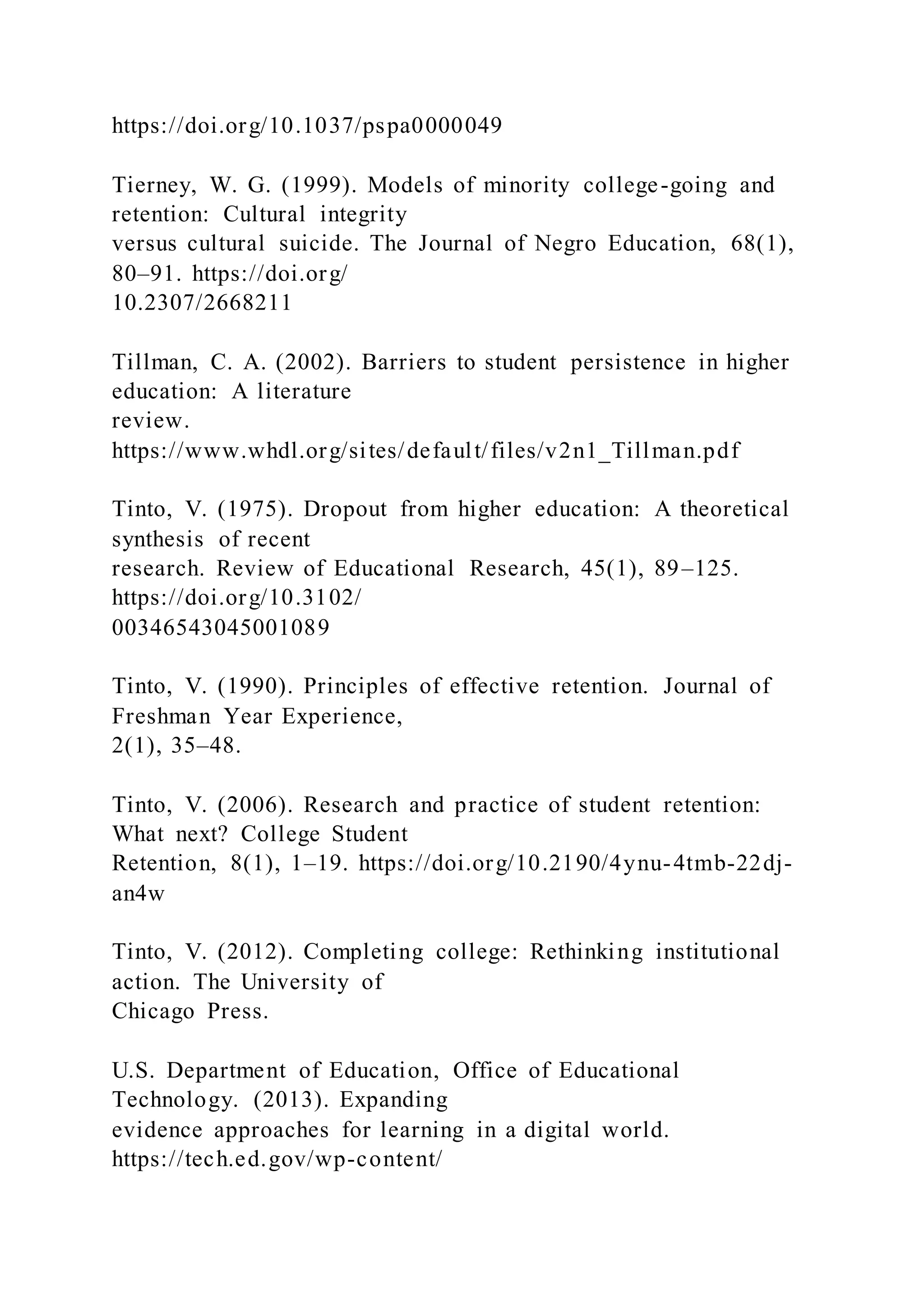 https://doi.org/10.1037/pspa0000049
Tierney, W. G. (1999). Models of minority college-going and
retention: Cultural integrity
versus cultural suicide. The Journal of Negro Education, 68(1),
80–91. https://doi.org/
10.2307/2668211
Tillman, C. A. (2002). Barriers to student persistence in higher
education: A literature
review.
https://www.whdl.org/sites/default/files/v2n1_Tillman.pdf
Tinto, V. (1975). Dropout from higher education: A theoretical
synthesis of recent
research. Review of Educational Research, 45(1), 89–125.
https://doi.org/10.3102/
00346543045001089
Tinto, V. (1990). Principles of effective retention. Journal of
Freshman Year Experience,
2(1), 35–48.
Tinto, V. (2006). Research and practice of student retention:
What next? College Student
Retention, 8(1), 1–19. https://doi.org/10.2190/4ynu-4tmb-22dj-
an4w
Tinto, V. (2012). Completing college: Rethinking institutional
action. The University of
Chicago Press.
U.S. Department of Education, Office of Educational
Technology. (2013). Expanding
evidence approaches for learning in a digital world.
https://tech.ed.gov/wp-content/
 