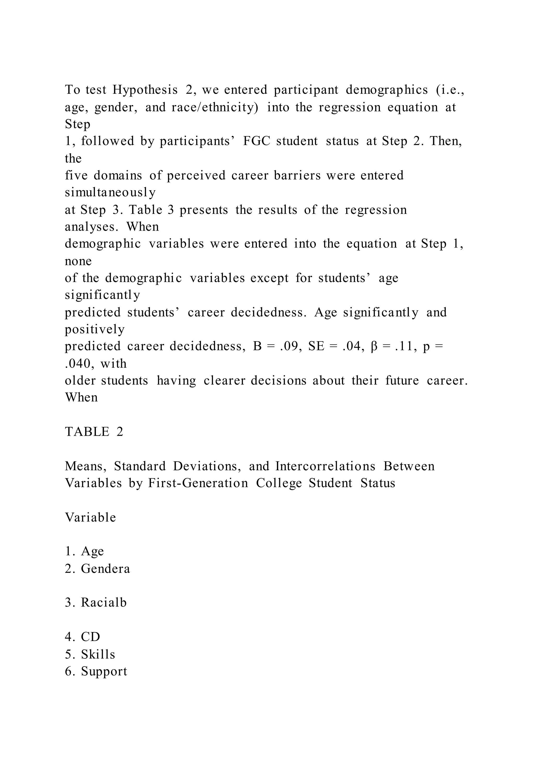 To test Hypothesis 2, we entered participant demographics (i.e.,
age, gender, and race/ethnicity) into the regression equation at
Step
1, followed by participants’ FGC student status at Step 2. Then,
the
five domains of perceived career barriers were entered
simultaneously
at Step 3. Table 3 presents the results of the regression
analyses. When
demographic variables were entered into the equation at Step 1,
none
of the demographic variables except for students’ age
significantly
predicted students’ career decidedness. Age significantly and
positively
predicted career decidedness, B = .09, SE = .04, β = .11, p =
.040, with
older students having clearer decisions about their future career.
When
TABLE 2
Means, Standard Deviations, and Intercorrelations Between
Variables by First-Generation College Student Status
Variable
1. Age
2. Gendera
3. Racialb
4. CD
5. Skills
6. Support
 