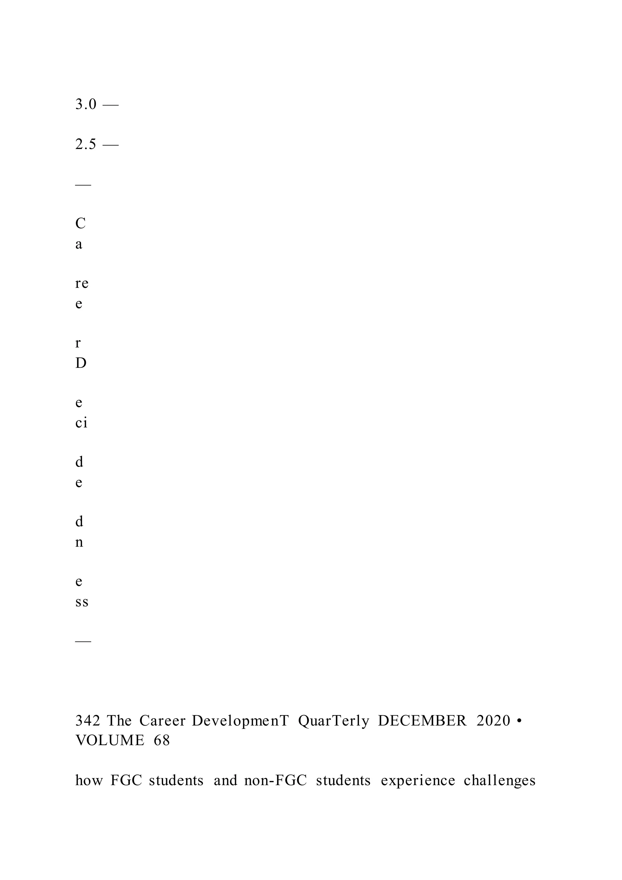 3.0 —
2.5 —
—
C
a
re
e
r
D
e
ci
d
e
d
n
e
ss
—
342 The Career DevelopmenT QuarTerly DECEMBER 2020 •
VOLUME 68
how FGC students and non-FGC students experience challenges
 