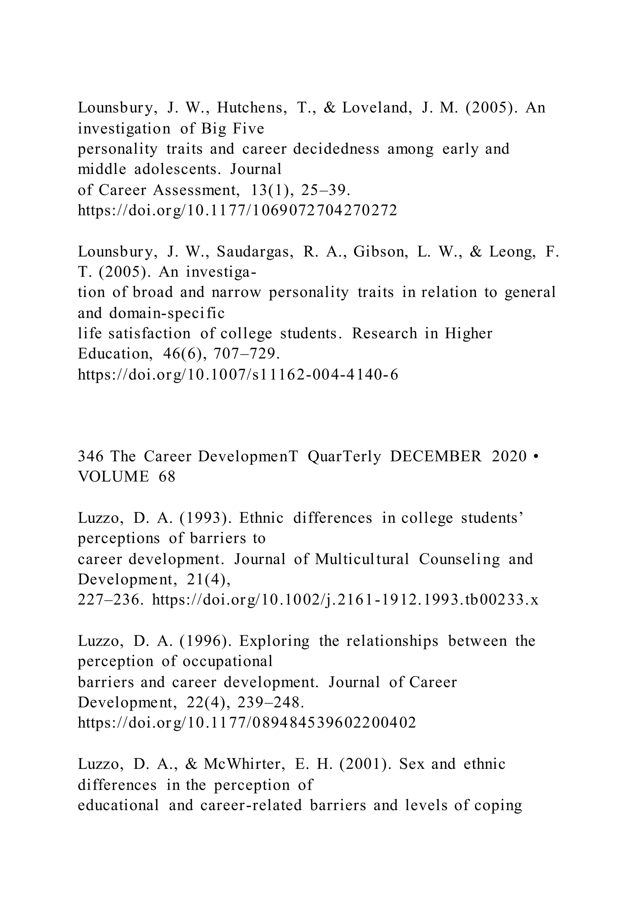 Lounsbury, J. W., Hutchens, T., & Loveland, J. M. (2005). An
investigation of Big Five
personality traits and career decidedness among early and
middle adolescents. Journal
of Career Assessment, 13(1), 25–39.
https://doi.org/10.1177/1069072704270272
Lounsbury, J. W., Saudargas, R. A., Gibson, L. W., & Leong, F.
T. (2005). An investiga-
tion of broad and narrow personality traits in relation to general
and domain-specific
life satisfaction of college students. Research in Higher
Education, 46(6), 707–729.
https://doi.org/10.1007/s11162-004-4140-6
346 The Career DevelopmenT QuarTerly DECEMBER 2020 •
VOLUME 68
Luzzo, D. A. (1993). Ethnic differences in college students’
perceptions of barriers to
career development. Journal of Multicultural Counseling and
Development, 21(4),
227–236. https://doi.org/10.1002/j.2161-1912.1993.tb00233.x
Luzzo, D. A. (1996). Exploring the relationships between the
perception of occupational
barriers and career development. Journal of Career
Development, 22(4), 239–248.
https://doi.org/10.1177/089484539602200402
Luzzo, D. A., & McWhirter, E. H. (2001). Sex and ethnic
differences in the perception of
educational and career-related barriers and levels of coping
 
