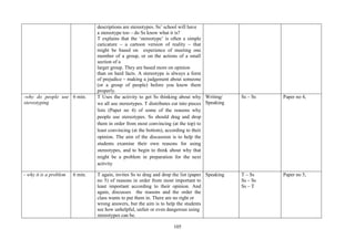 105
descriptions are stereotypes. Ss’ school will have
a stereotype too – do Ss know what it is?
T explains that the ‘stereotype’ is often a simple
caricature – a cartoon version of reality – that
might be based on experience of meeting one
member of a group, or on the actions of a small
section of a
larger group. They are based more on opinion
than on hard facts. A stereotype is always a form
of prejudice – making a judgement about someone
(or a group of people) before you know them
properly.
-why do people use
stereotyping
6 min. T Uses the activity to get Ss thinking about why
we all use stereotypes. T distributes cut into pieces
lists (Paper no 4) of some of the reasons why
people use stereotypes. Ss should drag and drop
them in order from most convincing (at the top) to
least convincing (at the bottom), according to their
opinion. The aim of the discussion is to help the
students examine their own reasons for using
stereotypes, and to begin to think about why that
might be a problem in preparation for the next
activity
Writing/
Speaking
Ss – Ss Paper no 4,
- why it is a problem 6 min. T again, invites Ss to drag and drop the list (paper
no 5) of reasons in order from most important to
least important according to their opinion. And
again, discusses the reasons and the order the
class wants to put them in. There are no right or
wrong answers, but the aim is to help the students
see how unhelpful, unfair or even dangerous using
stereotypes can be.
Speaking T – Ss
Ss – Ss
Ss – T
Paper no 5,
 