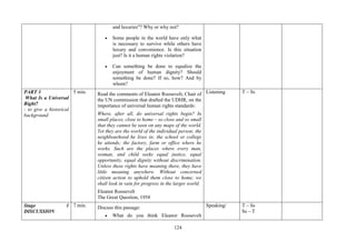 124
and luxuries"? Why or why not?
• Some people in the world have only what
is necessary to survive while others have
luxury and convenience. Is this situation
just? Is it a human rights violation?
• Can something be done to equalize the
enjoyment of human dignity? Should
something be done? If so, how? And by
whom?
PART 3
What Is a Universal
Right?
- to give a historical
background
5 min. Read the comments of Eleanor Roosevelt, Chair of
the UN commission that drafted the UDHR, on the
importance of universal human rights standards:
Where, after all, do universal rights begin? In
small places, close to home – so close and so small
that they cannot be seen on any maps of the world.
Yet they are the world of the individual person; the
neighbourhood he lives in; the school or college
he attends; the factory, farm or office where he
works. Such are the places where every man,
woman, and child seeks equal justice, equal
opportunity, equal dignity without discrimination.
Unless these rights have meaning there, they have
little meaning anywhere. Without concerned
citizen action to uphold them close to home, we
shall look in vain for progress in the larger world.
Eleanor Roosevelt
The Great Question, 1958
Listening T – Ss
Stage 1
DISCUSSION
7 min. Discuss this passage:
• What do you think Eleanor Roosevelt
Speaking/ T – Ss
Ss – T
 