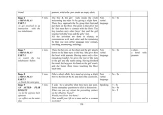 138
island peanuts, which she puts under an empty chair.
Stage 6
A MINI–PLAY
PART 3
-to get involved in an
interaction with the
two inhabitants
5 min. The boy & the girl walk inside the circle
welcoming the other Ss by giving a slight bow.
Then, they approach the Ss, grasp their feet and
put them on the floor. The point is that all of the
Ss’ feet must have a contact with the floor. The
boy touches only other boys’ feet and the girl
touches both the boys and the girls’ feet.
All the activities are done in silence; to
communicate with each other and the remaining
Ss they use non-verbal language (eye contact,
touching, murmuring, nodding).
Non –
verbal
language
Ss – Ss
Stage 7
A MINI–PLAY
PART 4
-to watch the two
inhabitants’ habits
2 min. Then, the boy sits on the chair and the girl kneels
down on the floor next to the boy. She gives him
the bowl with peanuts. Having eaten only a few
(smacking loudly), he gives the rest of the nuts
to the girl and she starts eating. Having finished
the meal, the boy puts his hand on the girl’s neck
and she bends three times touching the floor
each time.
Non –
verbal
language
Ss – Ss a chair,
a bowl with
peanuts
Stage 8
A MINI–PLAY
PART 5
-to finish the mini-play
2 min. After a short while, they stand up giving a slight
bow to the rest of the Ss and leave the classroom.
Non –
verbal
language
Ss – Ss
Stage 9
AN AFTER– PLAY
DEBATE
- to let Ss express their
opinions
- to reflect on the mini-
play
5 min. T asks Ss to describe what they have just seen.
Some exemplary questions to elicit a discussion:
What can you say about the prevailing culture
on the Albatros Island?
Would you like to live there?
How would your life as a man and as a woman
look like?
Speaking T – Ss
Ss – Ss
Ss – T
 