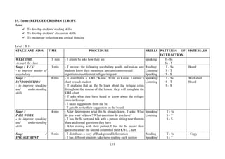 153
19.Theme: REFUGEE CRISIS IN EUROPE
Aims:
To develop students' reading skills
To develop students’ discussion skills
To encourage reflection and critical thinking
Level : B 1
STAGE AND AIMS TIME PROCEDURE SKILLS PATTERNS OF
INTERACTION
MATERIALS
WELCOME
-to start the class
3 min - T greets Ss asks how they are speaking T - Ss
Ss - T
Stage 1 LEXI
- to improve master of
vocabulary
3 min - T reviews the following vocabulary words and makes sure
students know their meanings : asylum/controversial/
expatriates/resettlement/refugee/migrant
Reading/
Listening/
Speaking
T - Ss
S - T
S - S
Board
Stage 2
INTRODUCTION
- to improve speaking
and understanding
skills
8 min - T distributes a KWL(“Know, Want to Know, Learned”)
chart to each student
- T explains that as the Ss learn about the refugee crisis
throughout the course of the lesson, they will complete the
KWL chart.
- T asks what they have heard or know about the refugee
crisis in Europe
- T takes suggestions from the Ss
- T gets Ss write their suggestion on the board
Speaking/
Listening
T - Ss
S - T
S - S
Worksheet
Board
Stage 3
PAIR WORK
- to improve speaking
and understanding
skills
4 min - After determining what the Ss already know, T asks: What
do you want to know? What questions do you have?
- T has the Ss turn and talk with a person sitting near them to
share additional questions they have
- After sharing with their partner,T has the Ss record their
questions under the second column of their KWL Chart
Speaking/
Listening
T - Ss
S - T
S - S
Stage 4
ENGAGEMENT
5 min - T distributes a copy of Background Information
- T has different students take turns reading each section
Reading
Speaking/
T - Ss
S - T
Copy
 