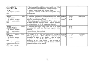 155
ENGAGEMENT
WORKING WITH
TEXT
- to improve reading
skills
- T distributes a different debater opinion article from “What
Can Countries Do to Help Refugees Fleeing to Europe?”
- T instructs groups to read their assigned article
- T gives The Ss time to read the article silently while sitting
in their groups.
Stage 11
DISCUSSION
- to improve speaking
and understanding
skills
4min - T has the Ss spend another 4 minutes discussing their article
among themselves. As a group, they are to answer the
following questions and take notes:
· What is the perspective of the article? · What evidence does
the author provide to make their point? · Are you persuaded
by their position or not (i.e. do you agree or disagree)?
Speaking/
Listening/
Reading
T - Ss
S - T
S - S
Press Article
Stage 12
PRESENTATION
- to improve speaking
and understanding
skills
15min -T has each small group come to the front of the room,
summarize their article and share their responses to the
questions.
- Ss note them on their copybook
Listening S - T
S - S
Stage 13 FREER
PRACTICE
- to improve speaking
and understanding
skills
- to provide
communicative practise
of the target language
6min - T engages the Ss in a class discussion by asking the
following questions: · What different perspectives are
represented in each of the articles? Where do those
perspectives come from? · Do all the articles share a similar
perspective or not? Please explain. · Do you think all
countries have a responsibility to provide financial assistance
or take in refugees? Please explain.
Speaking/
Listening/
T - Ss
S - T
S - S
Worksheet
Board
 