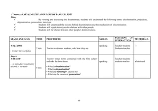 49
1.Theme: ANALYZING THE ANGRY EYE BY JANE ELLIOTT
Aims:
By viewing and discussing the documentary, students will understand the following terms: discrimination, prejudices,
stigmatization, persecution, sterotype.
Students will understand the reasons behind discrimination and the mechanism of discrimination.
Students will reject stereotypes in relations with other people.
Students will be tolerant towards other people’s distinctiveness.
STAGE AND AIMS TIME PROCEDURE SKILLS
PATTERNS OF
INTERACTION
MATERIALS
WELCOME
- to start the workshop
2 min Teacher welcomes students, asks how they are
speaking Teacher-students
Students-teacher
---
Stage 1
WARMER
- to introduce vocabulary
related to the topic
8 min
Teacher writes terms connected with the film subject
and asks Ss about them.
• What is discrimination?
• What is stigmatisation?
• What are stereotypes caused by?
• What are the causes of persecution?
speaking
Teacher-students
students-teacher whiteboard
 