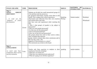 52
STAGE AND AIMS TIME PROCEDURE SKILLS
PATTERNS OF
INTERACTION
MATERIALS
Stage 5
SMALL GROUPS
DISCUSSION
- to work out the
“diagnosis” of school
discrimination
20 min
Students are divided into small international groups (4-
5 Ss) and they look for answers to
the questions listed below (teacher writes them on the
board). They compare their school experiences,
observations and reflections from their own countries
and confront them with what
they have seen and experienced while watching the
film.
• Who ( what group/s of people) is the subject to
persecution?
• Why are some people persecuted?
• In what way are they persecuted?
• How do the persecuted feel?
• How can we prevent such persecution?
The groups present the result of their work to others.
They exchange ideas between
groups, choose common ideas, draw conclusions and in
this way they create „The
diagnosis of discrimination in a school”.
The conclusions are written on the board.
Speaking
Writing
Student-student Worksheet
Whiteboard
Stage 6
CONCLUSIONS
-to reach some basic
conclusions about racism
and discrimination
5 min
Teacher asks these questions to students to draw
conclusions from this workshop:
• What have you found out?
• What have you experienced and understood?
• What am I going to do with this experience?
speaking teacher-students
---
 