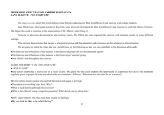 53
WORKSHOP ABOUT RACISM AND DISCRIMINATION
JANE ELLIOTT: THE ANGRY EYE
The Angry Eye is a short film which features Jane Elliott conducting her Blue Eyed/Brown Eyed exercise with college students.
Jane Elliott was a third grade teacher in Riceville, Iowa when she developed the Blue Eyed/Brown Eyed exercise to teach the effects of racism.
She began this work in response to the assassination of Dr. Martin Luther King, Jr.
Featured in television documentaries and training videos, Ms. Elliott has since repeated the exercise with dramatic results in many different
settings.
This exercise demonstrates that racism is a learned response and that education and awareness are the solutions to discrimination.
We are going to watch the video and you should focus on the following so that you can contribute to the discussion afterwards:
•The behavior and reflections of the students in the blue-eyed group who are discriminated against
•The behavior and reflections of the students in the brown eyed ‘superior’group
•Jane Elliott’s role throughout the exercise
GUIDE FOR DEBATE ON THE ANGRY EYE
• JANE ELLIOTT
•Jane Elliott establishes a microcosm of a racist society. She gives the blue-eyed students the opportunity to experience the kind of the treatment
regularly given to people of color and others who are considered ‘different’. Who/what sets the rules for us in society?
•LEAH (white female student who had left her pencil and paper in her bag)
•'Perception is everything' says Jane. Why?
•What is Leah learning through this exercise?
•What is the effect of being a target for prejudice? What does Leah say about this?
•BEN (Jane refers to one blue-eyed male student as 'darling')
•Do you think he likes to be called 'darling'?
 