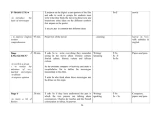 56
INTRODUCTION
-to introduce the
topic of stereotypes
T projects on the digital screen posters of the film
and asks to work in groups the students must
write what they think the movie is about now and
brainstorm some ideas on the different symbols
that appear on the poster.
T asks to put in common the different ideas
Ss-T movie
- to improve English
written
comprehension
97 min. Projection of the movie Listening Movie in V.O.
with subtitles in
english
Stage 3
ENGAGEMENT
-to work in a group
- to realize the
existence of very
marked stereotypes
-to debate
-to express opinion
20 min. T asks Ss to write everything they remember
seeing in the movie about Chinese culture,
Jewish culture, Islamic culture and African
culture.
Ss the students compare collectively and make a
recapitulative list to define the stereotypes
transmitted in this film.
T asks Ss who think about these stereotypes and
Ss debate on this topic
Writing/
Speaking
T-Ss
Ss –T
Ss-Ss
Papers and pens
Stage 4
-to learn a bit of
history
20 min. T asks Ss if they have understood the part in
which the two parents are talking about
communism, Charles de Gaulles and the French
colonization in Africa. Ss answer
Writing/
speaking
T-Ss
Ss – Ss
Computers,
papers and pens
 