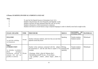 61
4.Theme: LEARNING SPANISH AS A FOREIGN LANGUAGE
Aims:
To start the first Spanish lessons of elementary level (A1).
Students will pronounce the most frequently used Spanish words.
Students will know de basic grammar about the verb 'ser' (to be).
Students will practice a little communicative situations.
Students will listen to several famous songs in Spanish language in order to identify some basics taught words.
STAGE AND AIMS TIME PROCEDURE SKILLS
PATTERNS OF
INTERACTION
MATERIALS
WELCOME
-to start the workshop
-to brainstorm
10 min
Teacher welcomes students, asks how they are and what
Spanish words they know.
Speaking Teacher-students
Students-teacher
Whiteboard
Stage 1
INTRODUCTION
-to introduce vocabulary
about greetings,
introducing yourself or
someone else and say
goodbye to someone.
20 min
Teacher writes sentences connected with the subject,
she pronounces it and she asks them to repeat it. For
example:
• Greetings: ¡Hola!, ¿Qué tal?,¡Buenos días!...
• Introduting yourself: Yo soy..., Yo me llamo...
• Say goodbye: ¡Adiós!, ¡Hasta luego!, ¡Hasta la
vista!...
Writing,
listening and
speaking
Teacher-students
students-teacher
Whiteboard
 