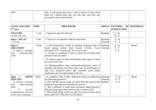 85
skills take. T tells groups they have 1 min to remove 5 items from
their list à remind them they can only take what they can
personally carry between them.
.
STAGE AND AIMS
2nd
class
TIME PROCEDURE SKILLS PATTERNS OF
INTERACTION
MATERIALS
WELCOME
-to start the class
3 min - T greets Ss asks how they are. Speaking T - Ss
Ss - T
Stage 3 RECAP
- to revise
3 min - T asks Ss to recapitulate what has been done. Speaking/
Listening
T - Ss
S - T
Stage 4
DISCUSSION
- to improve speaking
and understanding
skills
18 min - T lists destinations, modes of transport & group items on
board (group similar items loosely: Clothes, Food,
Documents/I.D., Sentimental, and Luxury items
=> Groups to contribute 5 items to class list on board until
all/most items are listed.
- Ss discuss types of items and identify what types of items
are needs and wants
-Ss eliminate/debate some unnecessary/dangerous items if
possible and discuss why these items may be problematic to
take (e.g. weapons) and/or add ‘essential’ items (food,
medication etc) not represented on the list.
Speaking/
Listening
T - Ss
S - T
S - S
Board
Stage 5 FREER
PRACTICE
- to improve speaking
and understanding
skills
- to provide
communicative practise
of the target language.
10min - Ss complete Time to Flee: Reflection hand out addressing
the following questions:
1. How did this activity make you feel? Describe some of the
emotions you experienced during the activity.
2. Was it difficult to make these decisions under pressure?
Did the group argue about what to take or where to go?
3. What single thing would you take if you had to leave your
home right now? Why this over all others?
Speaking/
Listening
Reading
T - Ss
S - T
S - S
Board
 