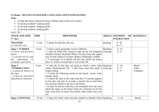 87
11.Theme: MULTICULTURALISM, LANGUAGES AND NATIONALITIES
Aims:
To help talk about cultural diversity in Britain and in their own country
To develop students’ listening skills
To develop students’ speaking skills
To develop students’ reading skills
Level : B1 +
STAGE AND AIMS
1st
class
TIME PROCEDURE SKILLS PATTERNS OF
INTERACTION
MATERIALS
WELCOME
-to start the class
3 min - T greets Ss asks how they are speaking T - Ss
Ss - T
Stage 1 WARMER
-to revise and practicse
tenses
- to provide the Ss with
the opportunity to
exchange experiences
8 min - T does a quick geography review of Britain.
- T asks Ss which four countries make up the UK (England,
Northern Ireland, Scotland, Wales). Do they know the capital
city of each country?( London, Belfast, Edinburgh, Cardiff)
- T encourages Ss to briefly tell the class about any places
they’ve visited or would like to visit in the UK.
Speaking/
Listening
T - Ss
S - S
Stage 2
INTRODUCTION
- to generate interest in
the topic
- to have Ss talk about
hypothetical situations
8 min -T tells the Ss that they are going to watch a short video
called ‘Multicultural UK’. T asks them what they think it
might contain.
- T writes the following words on the board : music, food,
people, shops
- T shows the intro to the video (the first 12 seconds approx)
to the class and asks Ss to make a mental note of what they
see and hear related to the list on the board.
- In pairs Ss discuss what they can remember from the intro
about the topics on the board. Tasks for volunteers to tell the
class what kind of music they heard, what clothes they saw
etc
Speaking/
Listening
T - Ss
S - T
S - S
Board
Video
Computer
Stage 3 VIEWING& 15 min - T plays the whole video and asks students to identify which Speaking/ T - Ss Board
 
