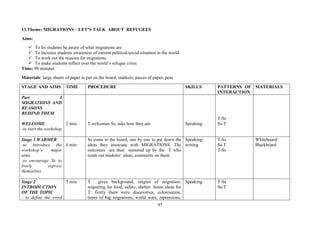 97
13.Theme: MIGRATIONS – LET’S TALK ABOUT REFUGEES
Aims:
To let students be aware of what migrations are
To increase students awareness of current political/social situation in the world
To work out the reasons for migrations
To make students reflect over the world’s refugee crisis
Time: 90 minutes
Materials: large sheets of paper to put on the board, markers, pieces of paper, pens
STAGE AND AIMS TIME PROCEDURE SKILLS PATTERNS OF
INTERACTION
MATERIALS
Part I
MIGRATIONS AND
REASONS
BEHIND THEM
WELCOME
-to start the workshop
2 min. T welcomes Ss, asks how they are. Speaking
T-Ss
Ss-T
Stage 1 WARMER
-to introduce the
workshop’s major
aims
-to encourage Ss to
freely express
themselves
6 min.
Ss come to the board, one by one to put down the
ideas they associate with MIGRATIONS. The
outcomes are then summed up by the T who
reads out students’ ideas, comments on them.
Speaking/
writing
T-Ss
Ss-T
T-Ss
Whiteboard/
Blackboard
Stage 2
INTRODUCTION
OF THE TOPIC
- to define the word
5 min. T gives background, origins of migration:
migrating for food, safety, shelter. Some ideas for
T: firstly there were discoveries, colonisation,
times of big migrations, world wars, repressions,
Speaking T-Ss
Ss-T
 