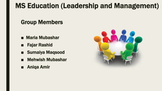 MS Education (Leadership and Management)
Group Members
■ Maria Mubashar
■ Fajar Rashid
■ Sumaiya Maqsood
■ Mehwish Mubashar
■ Aniqa Amir
 