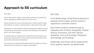 Approach to SS curriculum
NCF 2005
At the upper primary stage, Social Studies will draw its content from
History, geography, political science and economics.
History will take into account developments in different parts of India,
with sections on events or developments in other parts of the world.
Geography can help develop a balanced perspective related to issues
concerning the environment, resources and development at different
levels, from local to global.
In Political Science, students will be introduced to the formation and
functioning of governments at local, state, and central levels and the
democratic processes of participation.
The economics component will enable students to observe economic
institutions like the family, the market and the state. T
NCF 2023
In the Middle Stage, Social Science becomes a
separate school subject, and the content is
organised in a thematic manner.
Each theme would be studied through an
integrated view of History, Geography, Political
Science, Economics, and other relevant
disciplines, such as Psychology, Philosophy,
Anthropology, and Sociology.
Additionally, each theme will be studied at the
local, regional, national, and global levels.
 