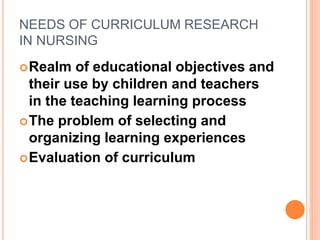 NEEDS OF CURRICULUM RESEARCH
IN NURSING
Realm of educational objectives and
their use by children and teachers
in the teaching learning process
The problem of selecting and
organizing learning experiences
Evaluation of curriculum
 