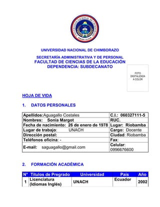 UNIVERSIDAD NACIONAL DE CHIMBORAZO
SECRETARÍA ADMINISTRATIVA Y DE PERSONAL
FACULTAD DE CIENCIAS DE LA EDUCACIÓN
DEPENDENCI...