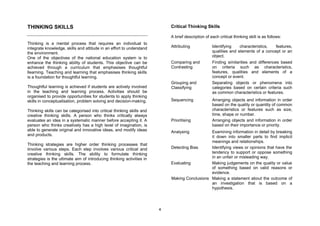 THINKING SKILLS                                                            Critical Thinking Skills

                                                                           A brief description of each critical thinking skill is as follows:
Thinking is a mental process that requires an individual to
integrate knowledge, skills and attitude in an effort to understand        Attributing             Identifying    characteristics,    features,
the environment.                                                                                   qualities and elements of a concept or an
One of the objectives of the national education system is to                                       object.
enhance the thinking ability of students. This objective can be            Comparing and           Finding similarities and differences based
achieved through a curriculum that emphasises thoughtful                   Contrasting             on criteria such as characteristics,
llearning. Teaching and learning that emphasises thinking skills                                   features, qualities and elements of a
is a foundation for thoughtful learning.                                                           concept or event.
                                                                           Grouping and            Separating objects or phenomena into
Thoughtful learning is achieved if students are actively involved          Classifying             categories based on certain criteria such
in the teaching and learning process. Activities should be                                         as common characteristics or features.
organised to provide opportunities for students to apply thinking
skills in conceptualisation, problem solving and decision-making.          Sequencing              Arranging objects and information in order
                                                                                                   based on the quality or quantity of common
Thinking skills can be categorised into critical thinking skills and                               characteristics or features such as size,
creative thinking skills. A person who thinks critically always                                    time, shape or number.
evaluates an idea in a systematic manner before accepting it. A            Prioritising            Arranging objects and information in order
person who thinks creatively has a high level of imagination, is                                   based on their importance or priority.
able to generate original and innovative ideas, and modify ideas           Analysing          Examining information in detail by breaking
and products.                                                                                 it down into smaller parts to find implicit
                                                                                              meanings and relationships.
Thinking strategies are higher order thinking processes that
iinvolve various steps. Each step involves various critical and            Detecting Bias     Identifying views or opinions that have the
creative thinking skills. The ability to formulate thinking                                   tendency to support or oppose something
strategies is the ultimate aim of introducing thinking activities in                          in an unfair or misleading way.
the teaching and learning process.                                         Evaluating         Making judgements on the quality or value
                                                                                              of something based on valid reasons or
                                                                                              evidence.
                                                                           Making Conclusions Making a statement about the outcome of
                                                                                              an investigation that is based on a
                                                                                              hypothesis.




                                                                       4
 