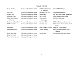 PANEL OF WRITERS

Cheah Eng Joo              Curriculum Development Centre.   Prof Madya Dr. Hamdan      Universiti Putra Malaysia
                                                               Hj. Mohd Nor
Zaidi Yazid                Curriculum Development Centre.   Dr. Chuah Choy Kim         Universiti Sains Malaysia.
Ho Heng Ling               Curriculum Development Centre.   Hasimah Azit               Sek. Seri Puteri, Wilayah Persekutuan.
Zainusham Yusof            Curriculum Development Centre.   Gan Poh Lien               SMJK Heng Ee, Pulau Pinang.
Salina Hanum Osman         Curriculum Development Centre.   Manoharan a/l              SMK Seri Putra, Perak.
   Mohamed                                                     Palaniappan
Aizatul Adzwa Mohd Basri   Curriculum Development Centre.   Mahadiah Muda              SM Sains Seri Puteri, Kuala Lumpur.
Zulkifli Baharudin         Curriculum Development Centre.   Lim Hean Hwa               SMK Bandar Tasik Selatan, Kuala
                                                                                           Lumpur.
Yusof Ismail               Curriculum Development Centre.   Chan Suan Khin (Jacinta)   SM Muara Tuang, Sarawak.
Salbiah Mohd. Som          Curriculum Development Centre.   Wahida Abdullah            SMK Tunku Abdul Rahman Putra,
                                                                                           Selangor.
Zainon Abdul Majid         Curriculum Development Centre.   Paridah Abas               SMK Gombak Setia, Kuala Lumpur.
Zaidah Md. Yusof           Curriculum Development Centre.
Ahmad Salihin Mat Saat     Curriculum Development Centre.




                                                              47
 