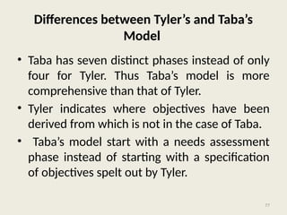 77
Differences between Tyler’s and Taba’s
Model
• Taba has seven distinct phases instead of only
four for Tyler. Thus Taba’s model is more
comprehensive than that of Tyler.
• Tyler indicates where objectives have been
derived from which is not in the case of Taba.
• Taba’s model start with a needs assessment
phase instead of starting with a specification
of objectives spelt out by Tyler.
 