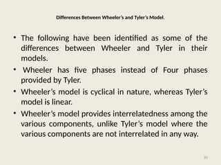 83
Differences Between Wheeler’s and Tyler’s Model.
• The following have been identified as some of the
differences between Wheeler and Tyler in their
models.
• Wheeler has five phases instead of Four phases
provided by Tyler.
• Wheeler’s model is cyclical in nature, whereas Tyler’s
model is linear.
• Wheeler’s model provides interrelatedness among the
various components, unlike Tyler’s model where the
various components are not interrelated in any way.
 