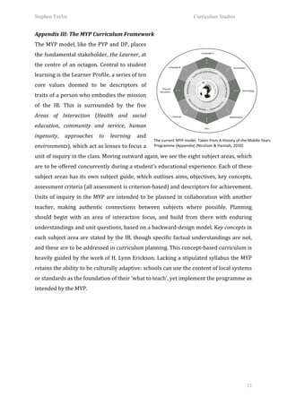 Stephen Taylor                                                                                                   Curriculum Studies

	
  
Appendix	
  III:	
  The	
  MYP	
  Curriculum	
  Framework	
  
The	
  MYP	
  model,	
  like	
  the	
  PYP	
  and	
  DP,	
  places	
  
the	
  fundamental	
  stakeholder,	
  the	
  Learner,	
  at	
  
the	
   centre	
   of	
   an	
   octagon.	
   Central	
   to	
   student	
  
learning	
  is	
  the	
  Learner	
  Profile,	
  a	
  series	
  of	
  ten	
  
core	
   values	
   deemed	
   to	
   be	
   descriptors	
   of	
  
traits	
  of	
  a	
  person	
  who	
  embodies	
  the	
  mission	
  
of	
   the	
   IB.	
   This	
   is	
   surrounded	
   by	
   the	
   five	
  
Areas	
   of	
   Interaction	
   (Health	
   and	
   social	
  
education,	
   community	
   and	
   service,	
   human	
  
ingenuity,	
   approaches	
   to	
   learning	
   and	
  
                                                                                The	
  current	
  MYP	
  model.	
  Taken	
  from	
  A	
  History	
  of	
  the	
  Middle	
  Years	
  
environments),	
  which	
  act	
  as	
  lenses	
  to	
  focus	
  a	
            Programme	
  (Appendix)	
  (Nicolson	
  &	
  Hannah,	
  2010)	
  

unit	
  of	
  inquiry	
  in	
  the	
  class.	
  Moving	
  outward	
  again,	
  we	
  see	
  the	
  eight	
  subject	
  areas,	
  which	
  
are	
  to	
  be	
  offered	
  concurrently	
  during	
  a	
  student’s	
  educational	
  experience.	
  Each	
  of	
  these	
  
subject	
  areas	
  has	
  its	
  own	
  subject	
  guide,	
  which	
  outlines	
  aims,	
  objectives,	
  key	
  concepts,	
  
assessment	
  criteria	
  (all	
  assessment	
  is	
  criterion-­‐based)	
  and	
  descriptors	
  for	
  achievement.	
  
Units	
   of	
   inquiry	
   in	
   the	
   MYP	
   are	
   intended	
   to	
   be	
   planned	
   in	
   collaboration	
   with	
   another	
  
teacher,	
   making	
   authentic	
   connections	
   between	
   subjects	
   where	
   possible.	
   Planning	
  
should	
   begin	
   with	
   an	
   area	
   of	
   interaction	
   focus,	
   and	
   build	
   from	
   there	
   with	
   enduring	
  
understandings	
   and	
   unit	
   questions,	
   based	
   on	
   a	
   backward-­‐design	
   model.	
   Key	
   concepts	
   in	
  
each	
  subject	
  area	
  are	
  stated	
  by	
  the	
  IB,	
  though	
  specific	
  factual	
  understandings	
  are	
  not,	
  
and	
  these	
  are	
  to	
  be	
  addressed	
  in	
  curriculum	
  planning.	
  This	
  concept-­‐based	
  curriculum	
  is	
  
heavily	
  guided	
  by	
  the	
  work	
  of	
  H.	
  Lynn	
  Erickson.	
  Lacking	
  a	
  stipulated	
  syllabus	
  the	
  MYP	
  
retains	
  the	
  ability	
  to	
  be	
  culturally	
  adaptive:	
  schools	
  can	
  use	
  the	
  content	
  of	
  local	
  systems	
  
or	
  standards	
  as	
  the	
  foundation	
  of	
  their	
  ‘what	
  to	
  teach’,	
  yet	
  implement	
  the	
  programme	
  as	
  
intended	
  by	
  the	
  MYP.	
  	
  




                                                                                                                                                               23
 