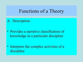 Functions of a Theory
A. Description
• Provides a narrative classification of
knowledge in a particular discipline
• Interprets the complex activities of a
discipline
 