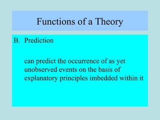Functions of a Theory
B. Prediction
can predict the occurrence of as yet
unobserved events on the basis of
explanatory principles imbedded within it
 