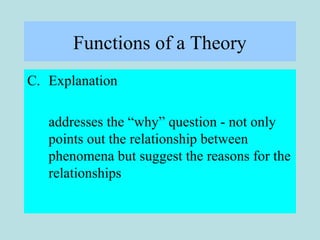 Functions of a Theory
C. Explanation
addresses the “why” question - not only
points out the relationship between
phenomena but suggest the reasons for the
relationships
 
