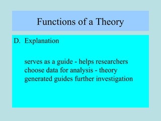 Functions of a Theory
D. Explanation
serves as a guide - helps researchers
choose data for analysis - theory
generated guides further investigation
 