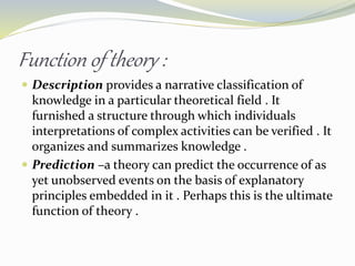 Function of theory :
 Description provides a narrative classification of
knowledge in a particular theoretical field . It
furnished a structure through which individuals
interpretations of complex activities can be verified . It
organizes and summarizes knowledge .
 Prediction –a theory can predict the occurrence of as
yet unobserved events on the basis of explanatory
principles embedded in it . Perhaps this is the ultimate
function of theory .
 