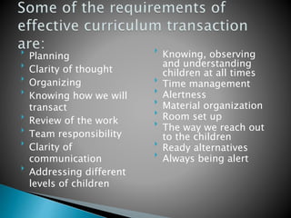 
Planning

Clarity of thought

Organizing

Knowing how we will
transact

Review of the work

Team responsibility

Clarity of
communication

Addressing different
levels of children

Knowing, observing
and understanding
children at all times

Time management

Alertness

Material organization

Room set up

The way we reach out
to the children

Ready alternatives

Always being alert
 