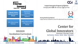 Largest Innovation Program in Pakistan
Changing World 🌍 100+ Startups 💡🚀 per Year
Center for
Global InnovatorsInnovate | Disrupt | Lead
San Francisco - Boston - Berlin - Dubai - Islamabad
Center for Global Innovators (CGI) SSS2020 Curriculum Lahore Garrison University 1
Startup World Cup Pakistan
Largest Startup Competition around The World with Prize of $1 Million
SSS2020
Incubation Curriculum
4-Weeks Online
Startup Summer
School
Experience
Gamified
Interactive Learning
Platform
20+ Cities Across
Pakistan
Learn How to Build
a Business in 4
Weeks
 