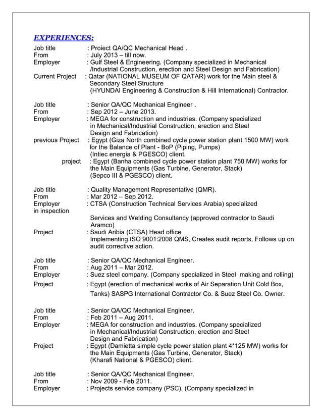 Sr. QA/QC Mechanical Engineer