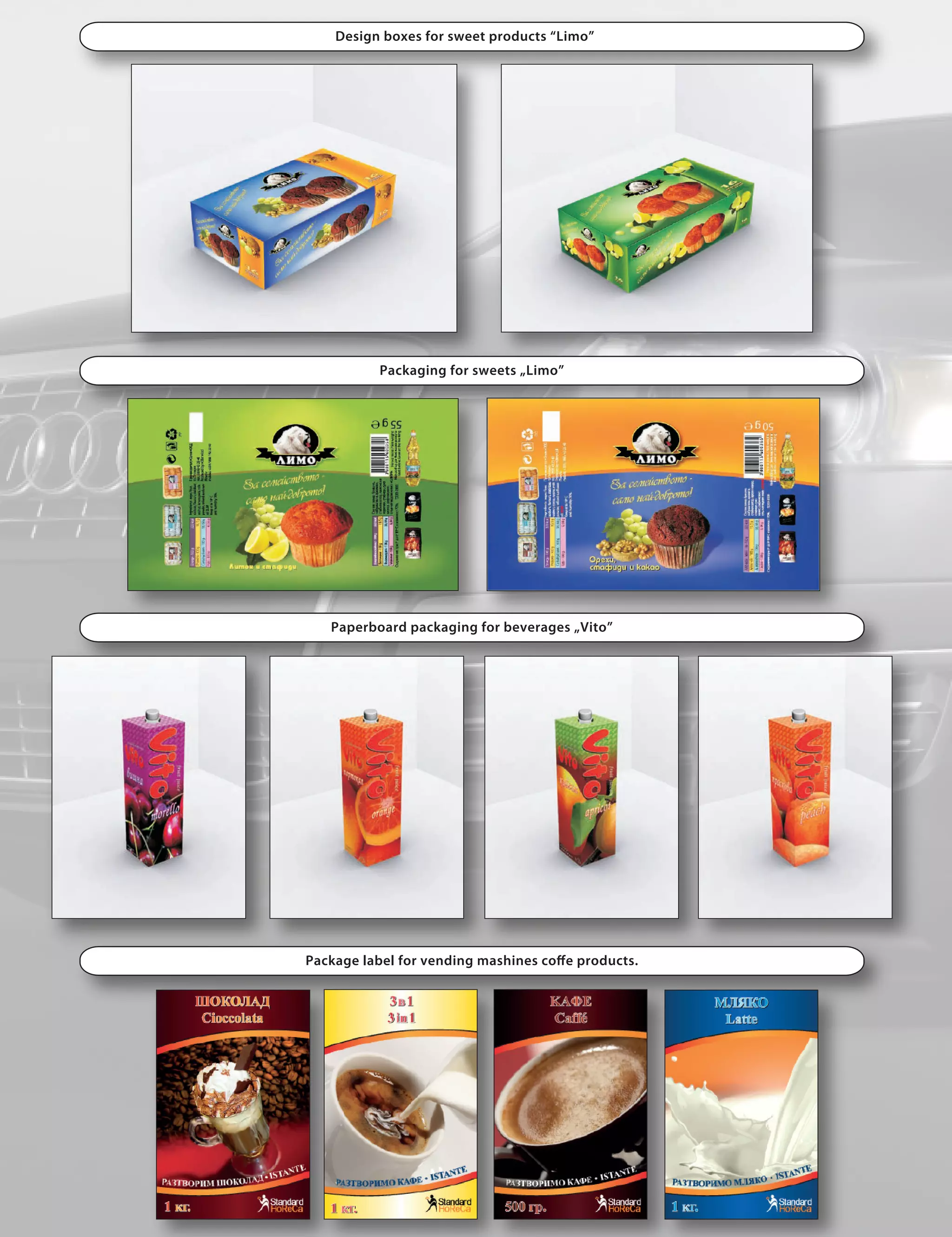 Design boxes for sweet products “Limo”




          Packaging for sweets „Limo”




   Paperboard packaging for beverages „Vito”




Package label for vending mashines co e products.
 
