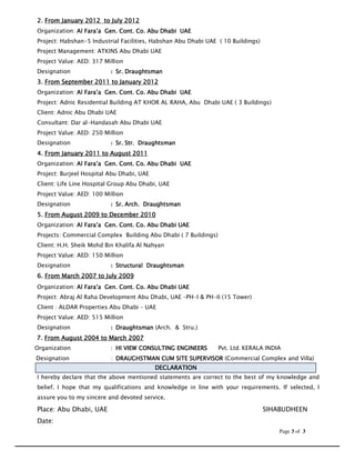 2012    July
2. From January 2012 to July 2012
Organization: Al Fara’a Gen. Cont. Co. Abu Dhabi UAE
                        Gen.
Project: Habshan-5 Industrial Facilities, Habshan Abu Dhabi UAE ( 10 Buildings)
Project Management: ATKINS Abu Dhabi UAE
Project Value: AED: 317 Million
Designation               : Sr. Draughtsman
3. From September 2011 to January 2012
                                  2012
Organization: Al Fara’a Gen. Cont. Co. Abu Dhabi UAE
                        Gen.
Project: Adnic Residential Building AT KHOR AL RAHA, Abu Dhabi UAE ( 3 Buildings)
Client: Adnic Abu Dhabi UAE
Consultant: Dar al-Handasah Abu Dhabi UAE
Project Value: AED: 250 Million
Designation               : Sr. Str. Draughtsman
4. From January 2011 to August 2011
                2011
Organization: Al Fara’a Gen. Cont. Co. Abu Dhabi UAE
Project: Burjeel Hospital Abu Dhabi, UAE
Client: Life Line Hospital Group Abu Dhabi, UAE
Project Value: AED: 100 Million
Designation               : Sr. Arch. Draughtsman
5. From August 2009 to December 2010
Organization: Al Fara’a Gen. Cont. Co. Abu Dhabi UAE
                 Fara’a
Projects: Commercial Complex Building Abu Dhabi ( 7 Buildings)
Client: H.H. Sheik Mohd Bin Khalifa Al Nahyan
Project Value: AED: 150 Million
Designation               : Structural Draughtsman
6. From March 2007 to July 2009
Organization: Al Fara’a Gen. Cont. Co. Abu Dhabi UAE
Project: Abraj Al Raha Development Abu Dhabi, UAE –PH-I & PH-II (15 Tower)
Client : ALDAR Properties Abu Dhabi – UAE
Project Value: AED: 515 Million
Designation               : Draughtsman (Arch. & Stru.)
7. From August 2004 to March 2007
Organization              : HI VIEW CONSULTING ENGINEERS         Pvt. Ltd. KERALA INDIA
Designation               : DRAUGHSTMAN CUM SITE SUPERVISOR (Commercial Complex and Villa)
                                           DECLARATION
I hereby declare that the above mentioned statements are correct to the best of my knowledge and
belief. I hope that my qualifications and knowledge in line with your requirements. If selected, I
assure you to my sincere and devoted service.

Place: Abu Dhabi, UAE                                                             SIHABUDHEEN
Date:
                                                                                      Page 3 of 3
 